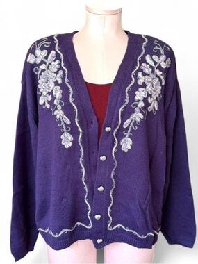 Koret Purple Cardigan with Silver Floral Embroidery